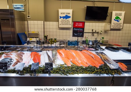 AMSRETDAM-APRIL 28: Fresh Dutch seafood displayed for sale in a local shop on April 28,2015, the Netherlands.