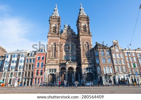AMSTERDAM-APRIL 27: Facade of the Basilica of Saint Nicholas in the city centre district of Amsterdam on April 27,2015, the Netherlands. Basilica of Saint Nicholas is the city\'s major Catholic church.