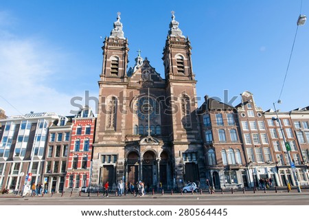 AMSTERDAM-APRIL 27: The Basilica of Saint Nicholas in the city centre district of Amsterdam on April 27,2015, the Netherlands. Basilica of Saint Nicholas is the city\'s major Catholic church.