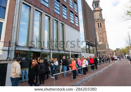 AMSTERDAM-APRIL 30: People queue up to the Anne Frank House Museum on April 30,2015.The Anne Frank House Museum is one of Amsterdam\'s most popular and important museums opened in 1960.