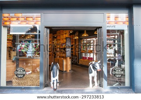 AMSRETDAM-APRIL 30: Dutch cheese shop offers  large selection of goods on April 30,2015, the Netherlands.The Netherlands produces a variety of the hard or semi-hard tempting cheeses.