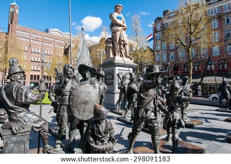 Amsterdam-April 30: Bronze-cast representation The Night Watch, by Russian artists Mikhail Dronov and Alexander Taratynov on Rembrandtplein on April 30, 2015, the Netherlands.