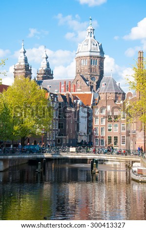 Amsterdam-April 30: Red light district with Church of St. Nicholas on April 30,2015, the Netherlands.