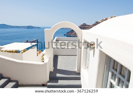 Santorini, Greece-July 28:  Typical caved architecture in Fira town on July 28,2013 on the Santorini (Thira) island in Greece.