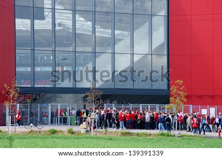 MAINZ, GERMANY - MAI 11: Fans of the soccer club 1. FC Mainz waiting for entrance in the \