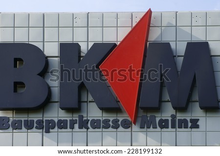 MAINZ, GERMANY - SEPTEMBER 05: The logo of the building society Mainz on a tiled facade on September 05, 2014 in Mainz / Building society Mainz