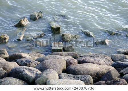 The close-up of a gravel bed on the shore of the sea / Pebbles on the sea