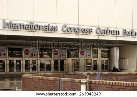 BERLIN, GERMANY - MARCH 01: The shiny metallic entrance doors to the International Congress Center on March 01, 2015 in Berlin / International Congress Centrum Berlin