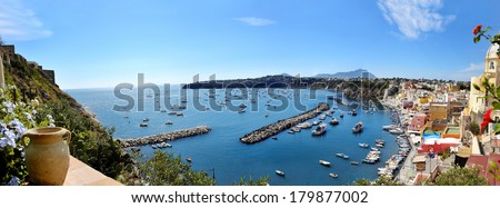 beautiful panoramic view of the colorful island of Procida in the Gulf of Naples, Mediterranean sea, Italy