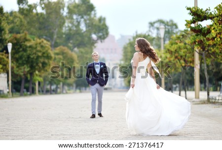 young bride and groom in wedding day in Naples, Italy