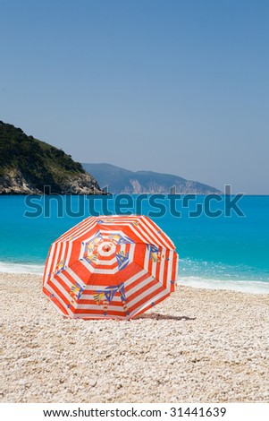 Sun umbrella at the beach. Myrtos beach, Kefalonia Island, Greece