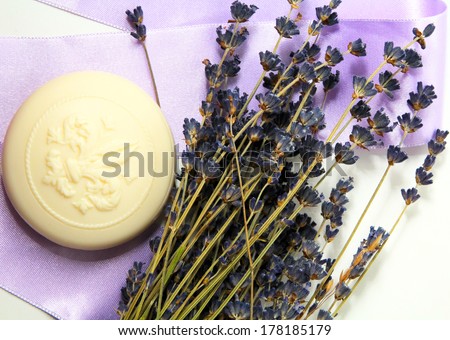 scented soap with the bouquet of lavender with purple ribbon