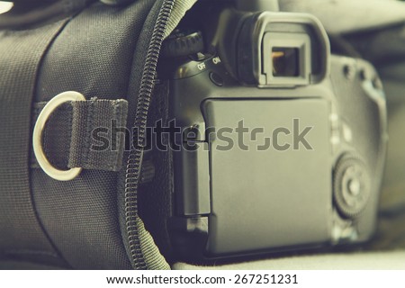 carrying case for the camera. Shallow DOF. Vintage style