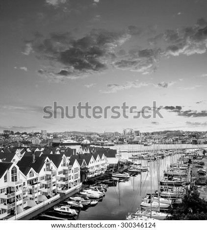 Stavanger at evening - beautiful town in the Norway. Black and white vintage style picture
