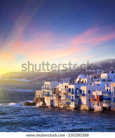 Colorful Little Venice of Mykonos island at  sunset , Greece . Travel background