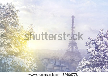 Christmas background : Aerial view of Paris cityscape with Eiffel tower at winter sunset in France. Vintage colored picture. X-mas, Business, Love and travel concept .