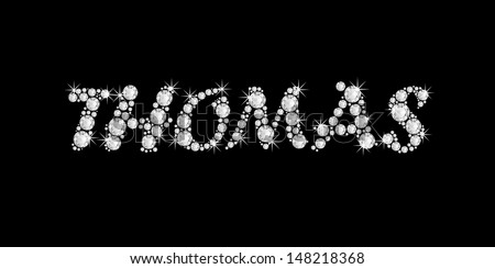 The boy, male name THOMAS made of a shiny diamonds style font, brilliant gem stone letters building the word, isolated on black background.
