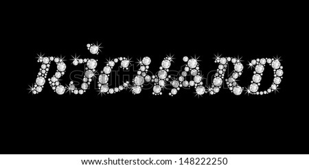 The boy, male name RICHARD made of a shiny diamonds style font, brilliant gem stone letters building the word, isolated on black background.