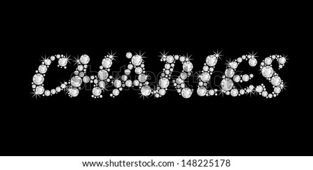 The boy, male name CHARLES made of a shiny diamonds style font, brilliant gem stone letters building the word, isolated on black background.