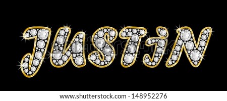 The boy, male name JUSTIN made of a shiny diamonds style font, brilliant gem stone letters building the word, isolated on black background, with a golden frame and reflective bling star.