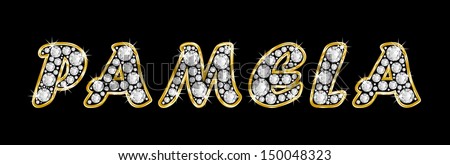 The  girl, female name PAMELA made of a shiny diamonds style font, brilliant gem stone letters building the word, isolated on black background.
