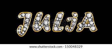The girl, female name JULIA made of a shiny diamonds style font, brilliant gem stone letters building the word, isolated on black background.