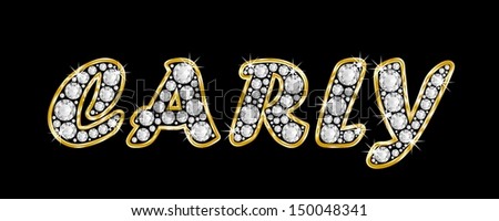The girl, female name CARLY made of a shiny diamonds style font, brilliant gem stone letters building the word, isolated on black background.