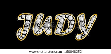 The girl, female name JUDY made of a shiny diamonds style font, brilliant gem stone letters building the word, isolated on black background.
