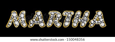 The girl, female name MARTHA made of a shiny diamonds style font, brilliant gem stone letters building the word, isolated on black background.