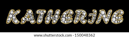 The girl, female name KATHERINE made of a shiny diamonds style font, brilliant gem stone letters building the word, isolated on black background.