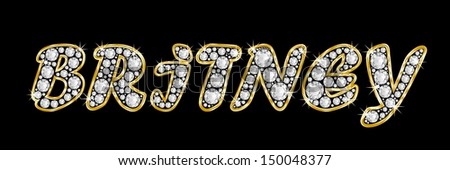 The girl, female name BRITNEY made of a shiny diamonds style font, brilliant gem stone letters building the word, isolated on black background.