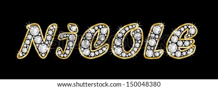 The girl, female name NICOLE made of a shiny diamonds style font, brilliant gem stone letters building the word, isolated on black background.