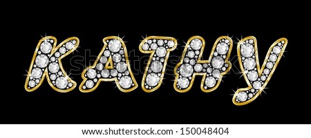 The girl, female name KATHY made of a shiny diamonds style font, brilliant gem stone letters building the word, isolated on black background.