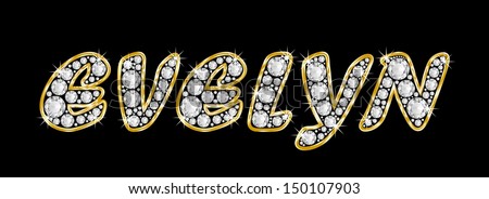 The girl, female name EVELYN made of a shiny diamonds style font, brilliant gem stone letters building the word, isolated on black background.