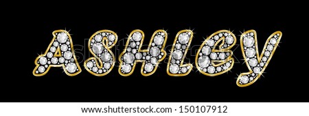 The girl, female name ASHLEY made of a shiny diamonds style font, brilliant gem stone letters building the word, isolated on black background.