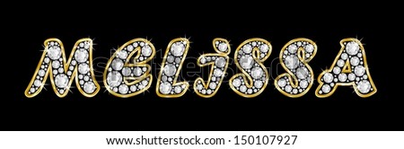The girl, female name MELISSA made of a shiny diamonds style font, brilliant gem stone letters building the word, isolated on black background.