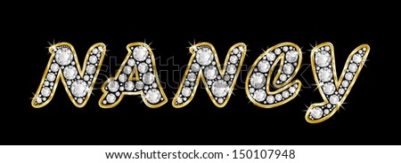 The girl, female name NANCY made of a shiny diamonds style font, brilliant gem stone letters building the word, isolated on black background.