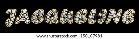The girl, female name JACQUELINE made of a shiny diamonds style font, brilliant gem stone letters building the word, isolated on black background.