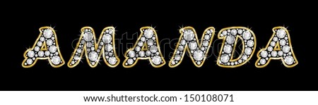 The girl, female name AMANDA made of a shiny diamonds style font, brilliant gem stone letters building the word, isolated on black background.