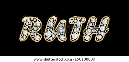 The girl, female name RUTH made of a shiny diamonds style font, brilliant gem stone letters building the word, isolated on black background.