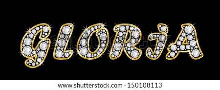 The girl, female name GLORIA made of a shiny diamonds style font, brilliant gem stone letters building the word, isolated on black background.