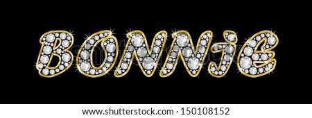 The girl, female name BONNIE made of a shiny diamonds style font, brilliant gem stone letters building the word, isolated on black background.