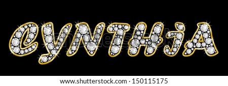 The girl, female name CYNTHIA made of a shiny diamonds style font, brilliant gem stone letters building the word, isolated on black background.