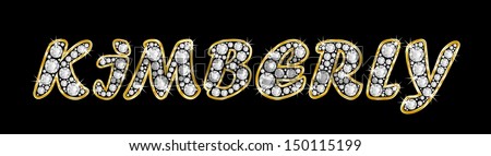 The girl, female name KIMBERLY made of a shiny diamonds style font, brilliant gem stone letters building the word, isolated on black background.