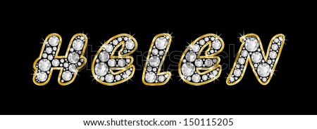 The girl, female name HELEN made of a shiny diamonds style font, brilliant gem stone letters building the word, isolated on black background.