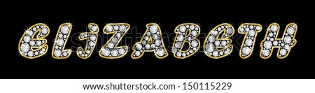 The girl, female name ELIZABETH made of a shiny diamonds style font, brilliant gem stone letters building the word, isolated on black background.
