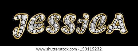 The girl, female name JESSICA made of a shiny diamonds style font, brilliant gem stone letters building the word, isolated on black background.