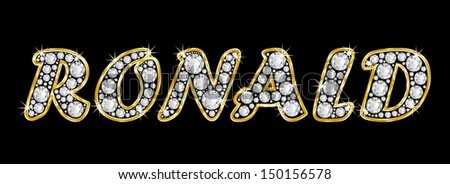 The boy, male name RONALD made of a shiny diamonds style font, brilliant gem stone letters building the word, isolated on black background.