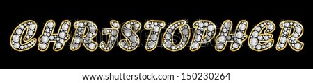 The boy, male name CHRISTOPHER made of a shiny diamonds style font, brilliant gem stone letters building the word, isolated on black background.