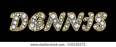 The boy, male name DENNIS made of a shiny diamonds style font, brilliant gem stone letters building the word, isolated on black background.